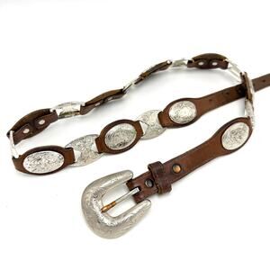 Tony Lama Concho Western Belt 32 Brown Leather Silver Buckle Vintage 90s Cowboy